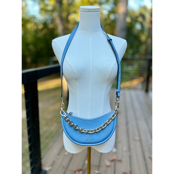 Kate Spade Smile Bag Light Blue Leather Crossbody & Chain Strap Shoulder Purse - Picture 10 of 13